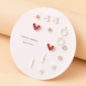 7 pair of stud earrings, heart, star, bar, silver, gold, hoop, circle
